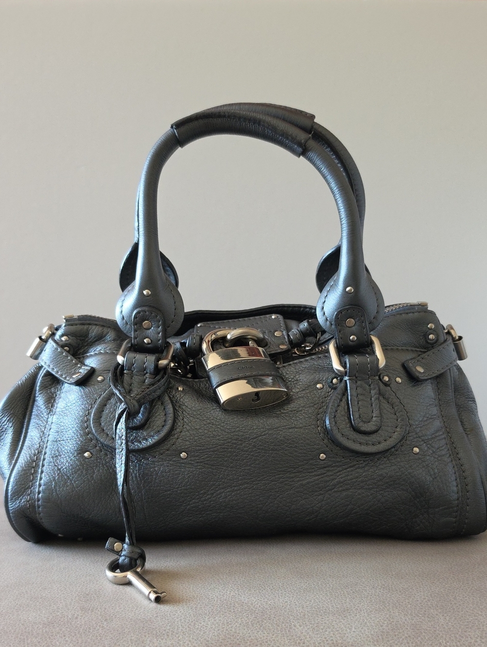 Authentic Chloé Paddington Metallic Pewter Leather Satchel Bag W/ Lock & Key